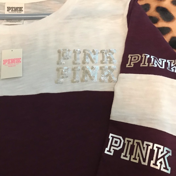 💞NWT! VS PINK Bling Football Tee Black Orchid💞 - Picture 2 of 5